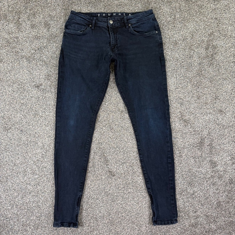 YoungLA 603 Skinny Ankle Zip Jeans Mens 34x32 Dark Wash Black Denim Casual Work